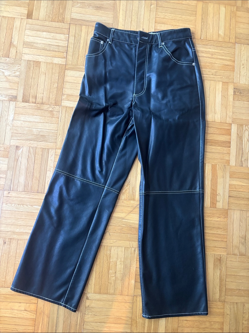 We The Free Black Faux Leather Pants with Contrast Stitching